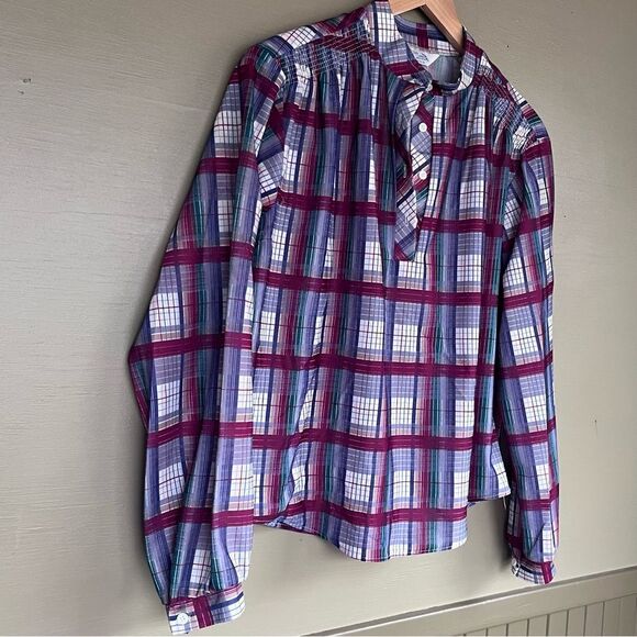 Vintage Plaid 1/4 Button Semi-Sheer Blouse Cape Cod Match Mates Patriotic - Picture 4 of 9